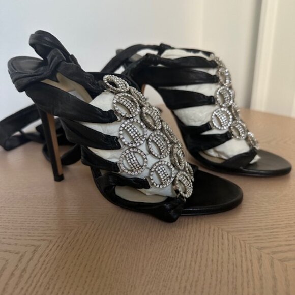 Jimmy Choo Stiletto Sandals with Ankle Strap, Black Leather and Crystals - Picture 5 of 13